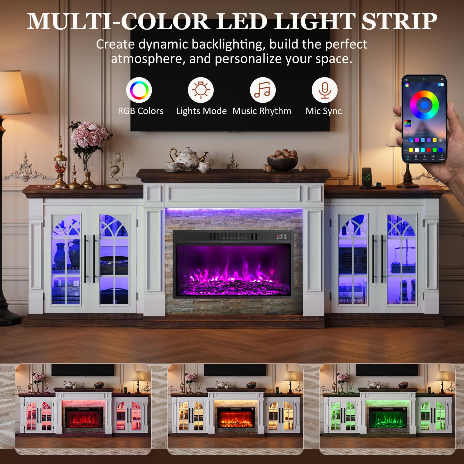 HolliWill 104" Fireplace TV Stand for TVs Up to 100 Inch, LED Electric Fireplace with Mantel and Sideboard Cabinets, Entertainment Center with 4 Glass Doors and Outlet, Modern for Living Room