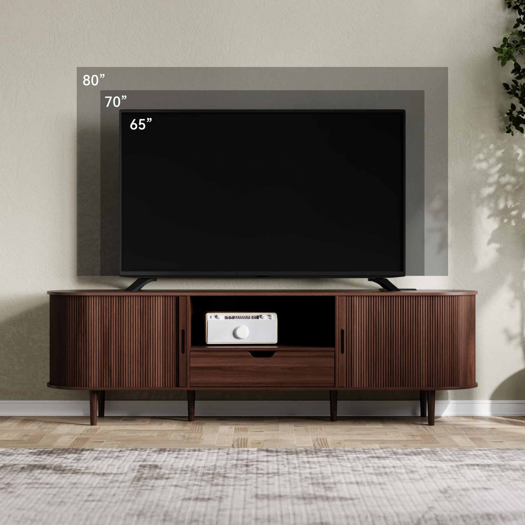 DHH 86.6" Fluted TV Stand with Power Outlet for TVs up to 90", TV Console with Adjustable Shelves and Sliding Door,Mid Century Modern Entertainment Center for Living Room,Bedroom (Walnut)