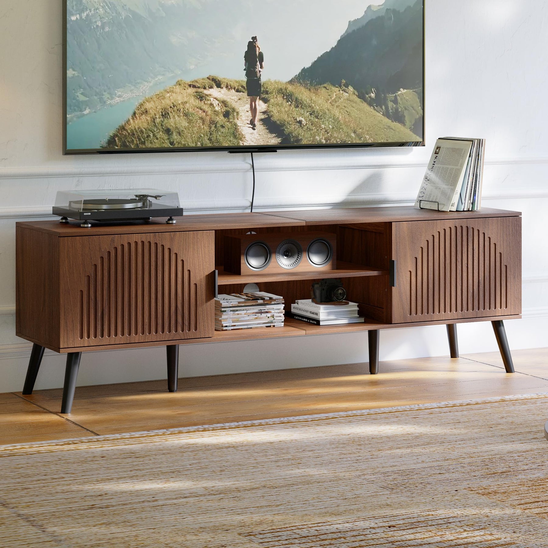 ChooChoo TV Stand with Open Shelves for 65 Inch TVs, Mid Century