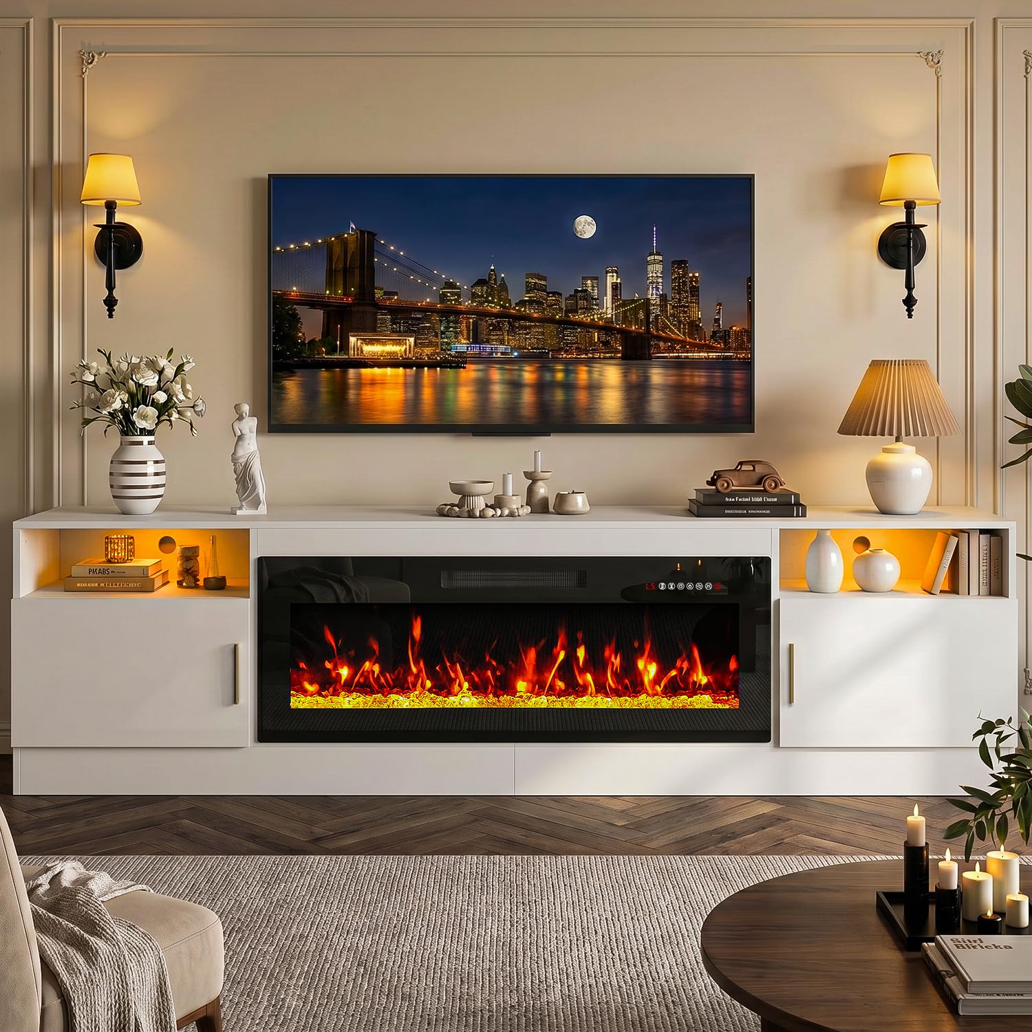 PRETZI Fireplace TV Stand with 36" Fireplace Up to 80" TVs for Living Room