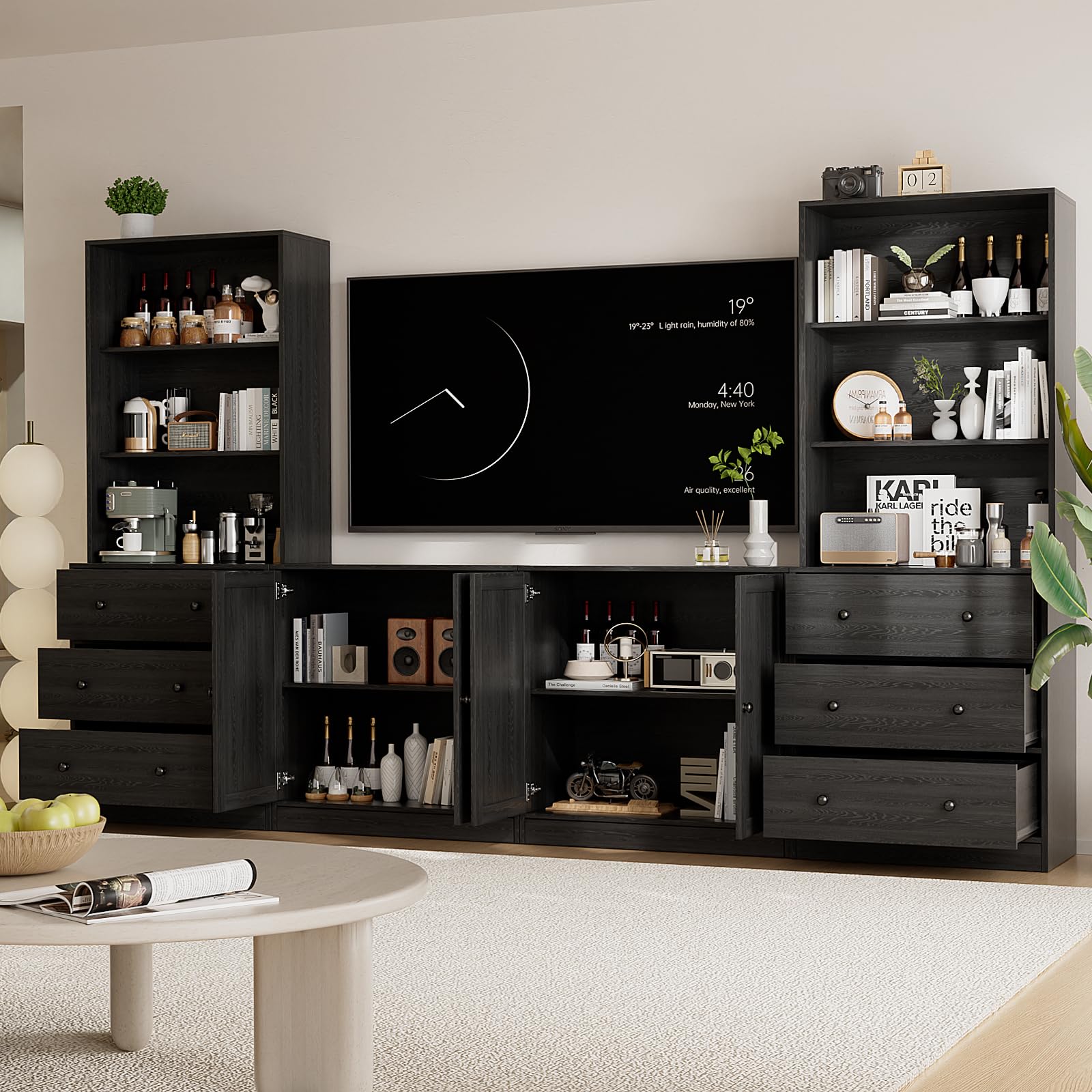TUSY 71" Large TV Stand Set - TV Entertainment Center for TVs up to 65", Media Center with Tempered Glass Doors and Drawer, TV Hutch with Bookshelves for Living Room (White, BDDB)