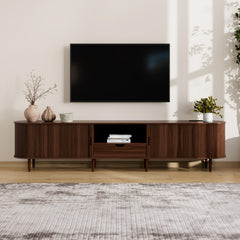 DHH 86.6" Fluted TV Stand with Power Outlet for TVs up to 90", TV Console with Adjustable Shelves and Sliding Door,Mid Century Modern Entertainment Center for Living Room,Bedroom (Walnut)