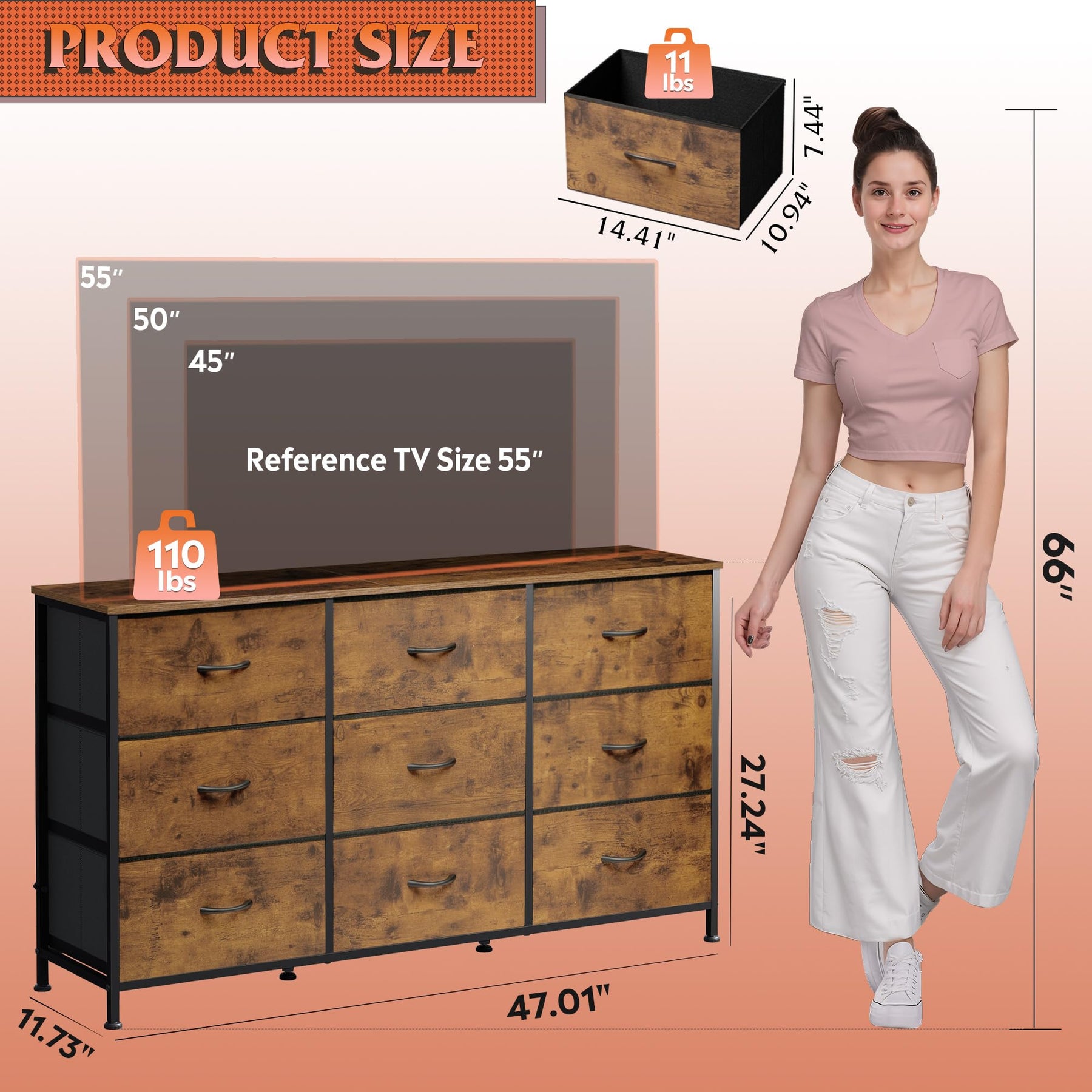 WLIVE Dresser TV Stand for 75 Inch TV, 9 Drawer Dresser for Bedroom, Black