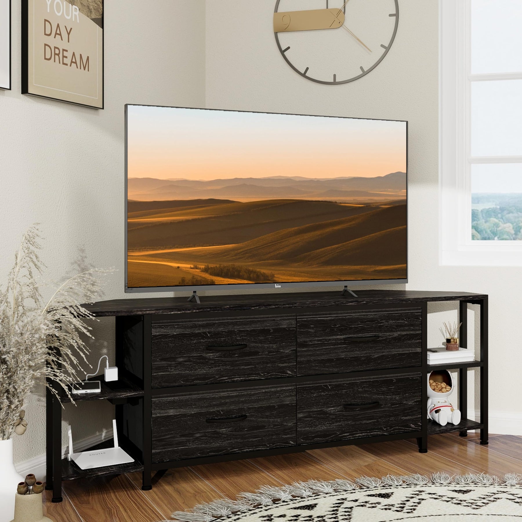 EXOTICA Corner TV Stand for 55" TV with Drawer & Power Outlet, Brown