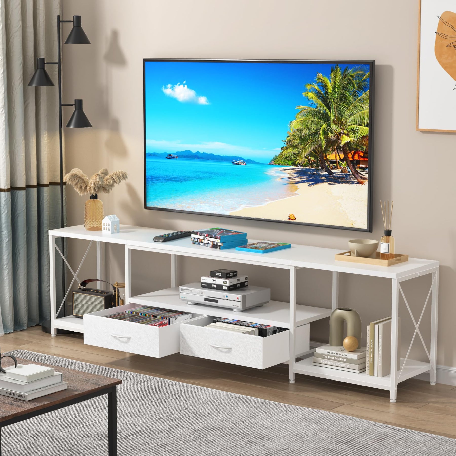 GYIIYUO TV Stand with Fabric Drawer - Entertainment Center and Industrial TV Console Table with Open Storage Shelves for Living Room, Bedroom - 55.1" Rustic Brown