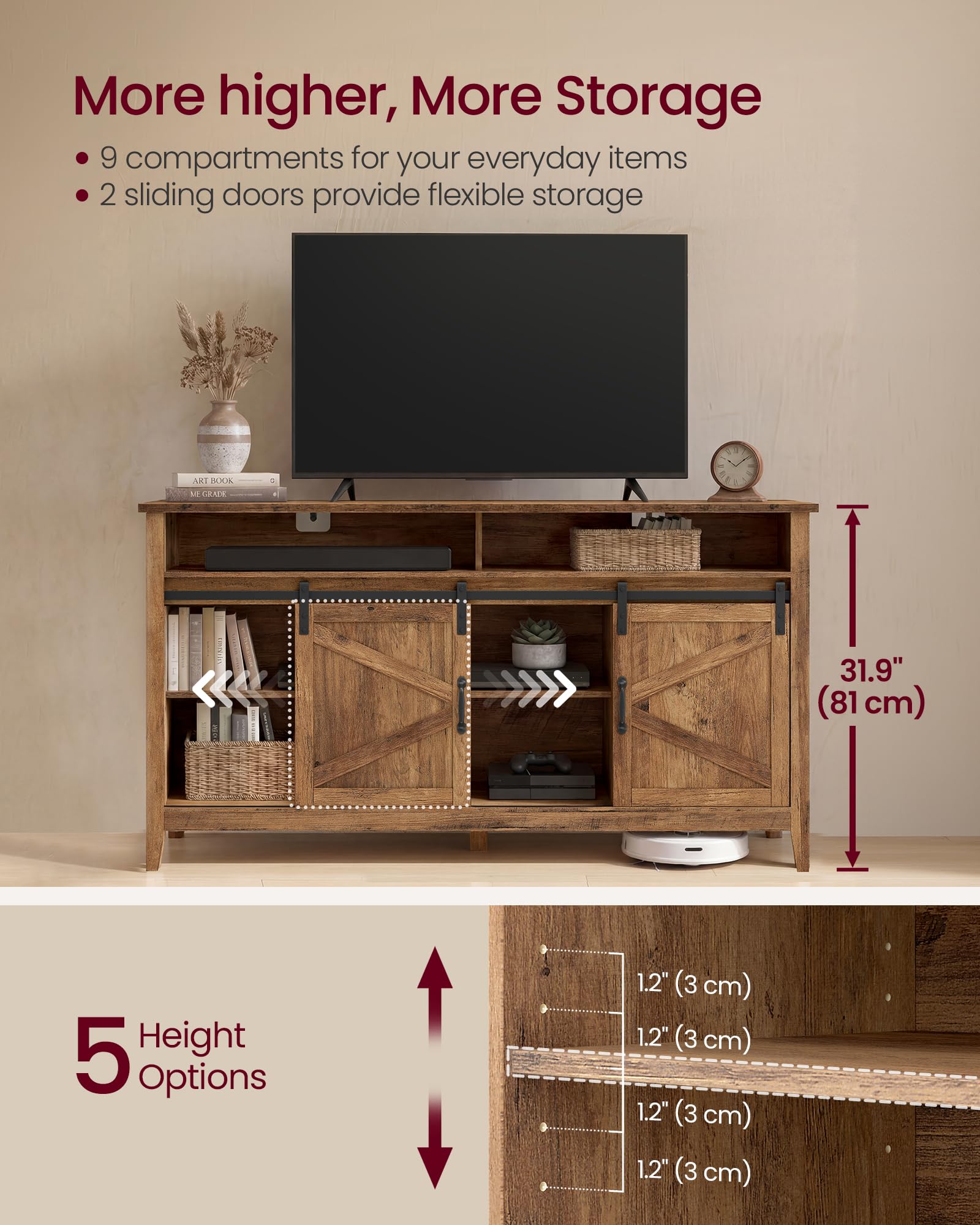 VASAGLE Tall Farmhouse TV Stand, Entertainment Center with Barn Doors, Storage Media Console Table for Living Room, 58.3 x 15.7 x 31.9 Inch, Rustic White and Honey Brown, LIRY Collection ULTV031W101S