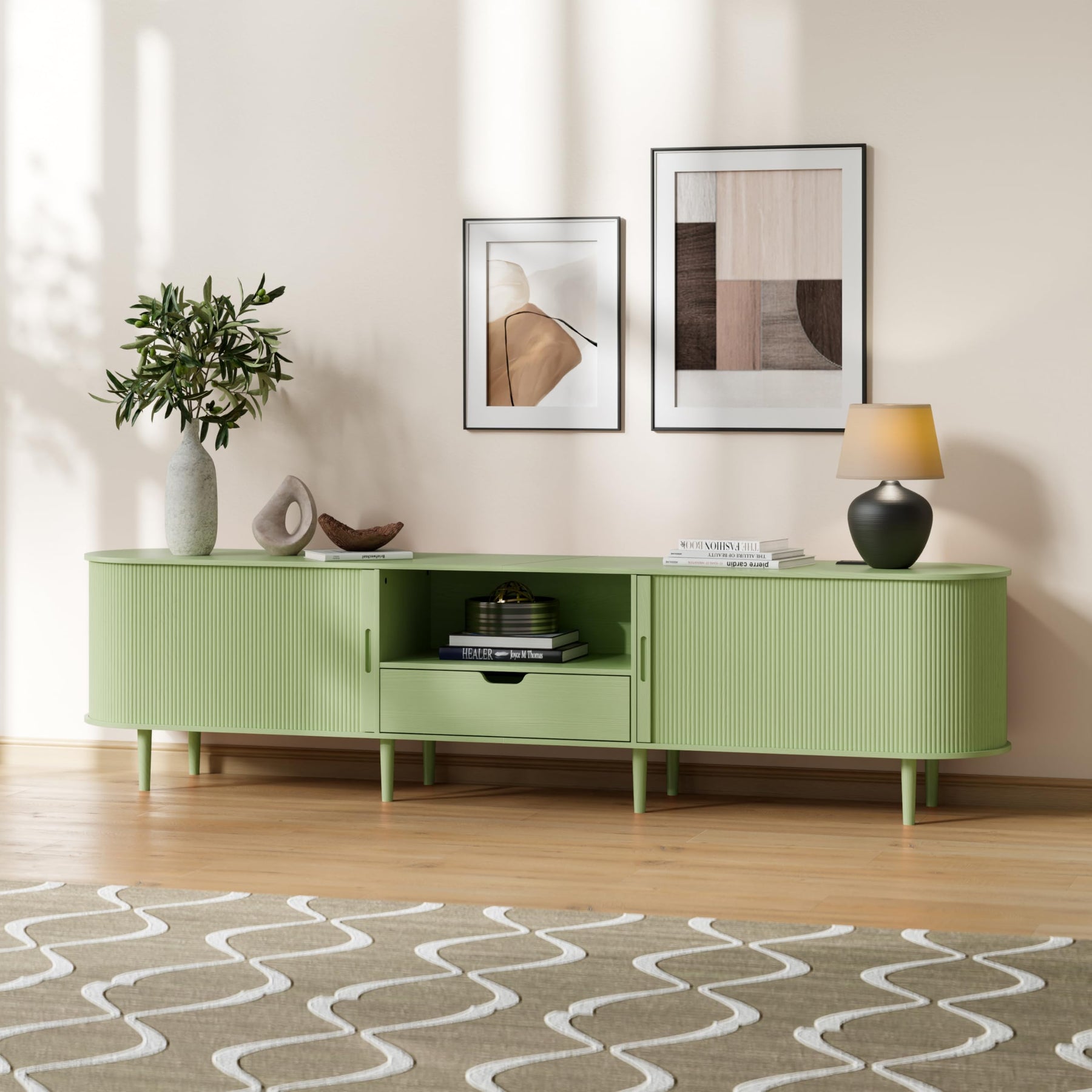 DHH 86.6" Fluted TV Stand with Power Outlet for TVs up to 90", TV Console with Adjustable Shelves and Sliding Door,Mid Century Modern Entertainment Center for Living Room,Bedroom (Walnut)