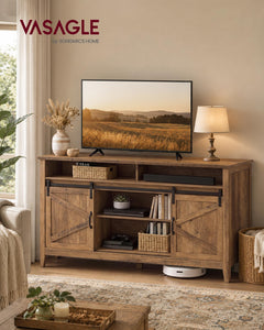 VASAGLE Tall Farmhouse TV Stand, Entertainment Center with Barn Doors, Storage Media Console Table for Living Room, 58.3 x 15.7 x 31.9 Inch, Rustic White and Honey Brown, LIRY Collection ULTV031W101S