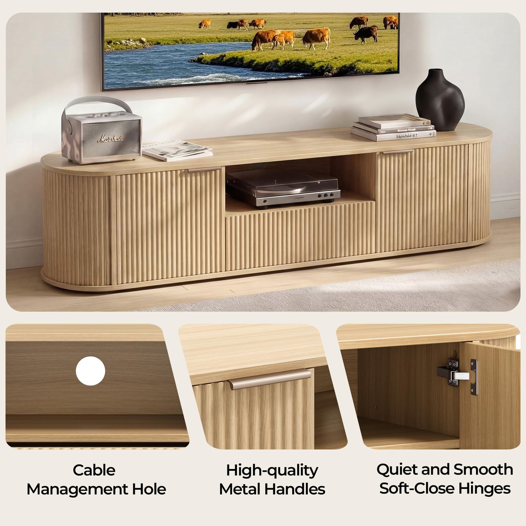 CHITA 70" Fluted TV Stands TV Console with Drawers for TVs Up to 80",Walnut