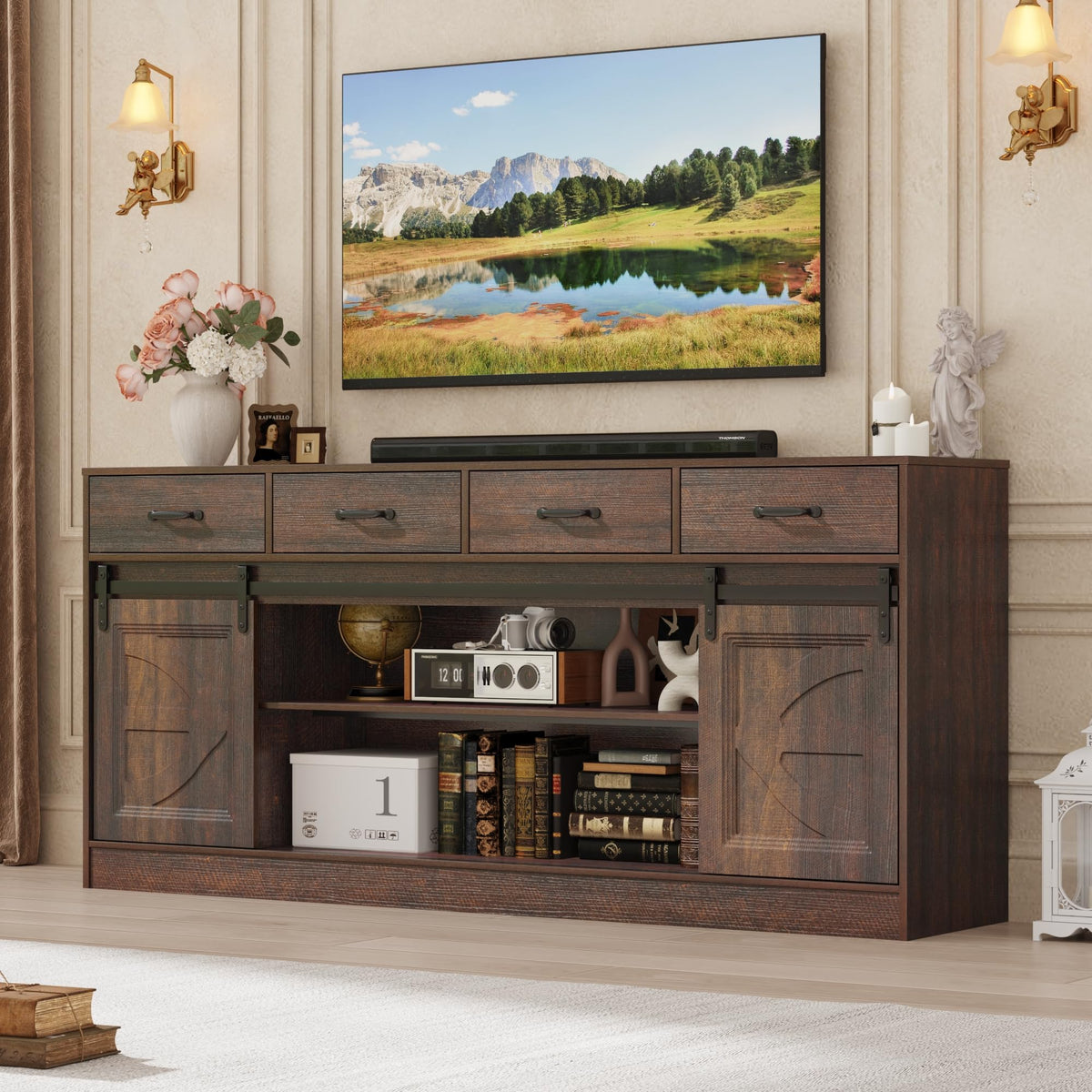 70" Large Farmhouse Tall TV Stand for 85/80/75/70 Inch TVs,4 Drawers,Brown