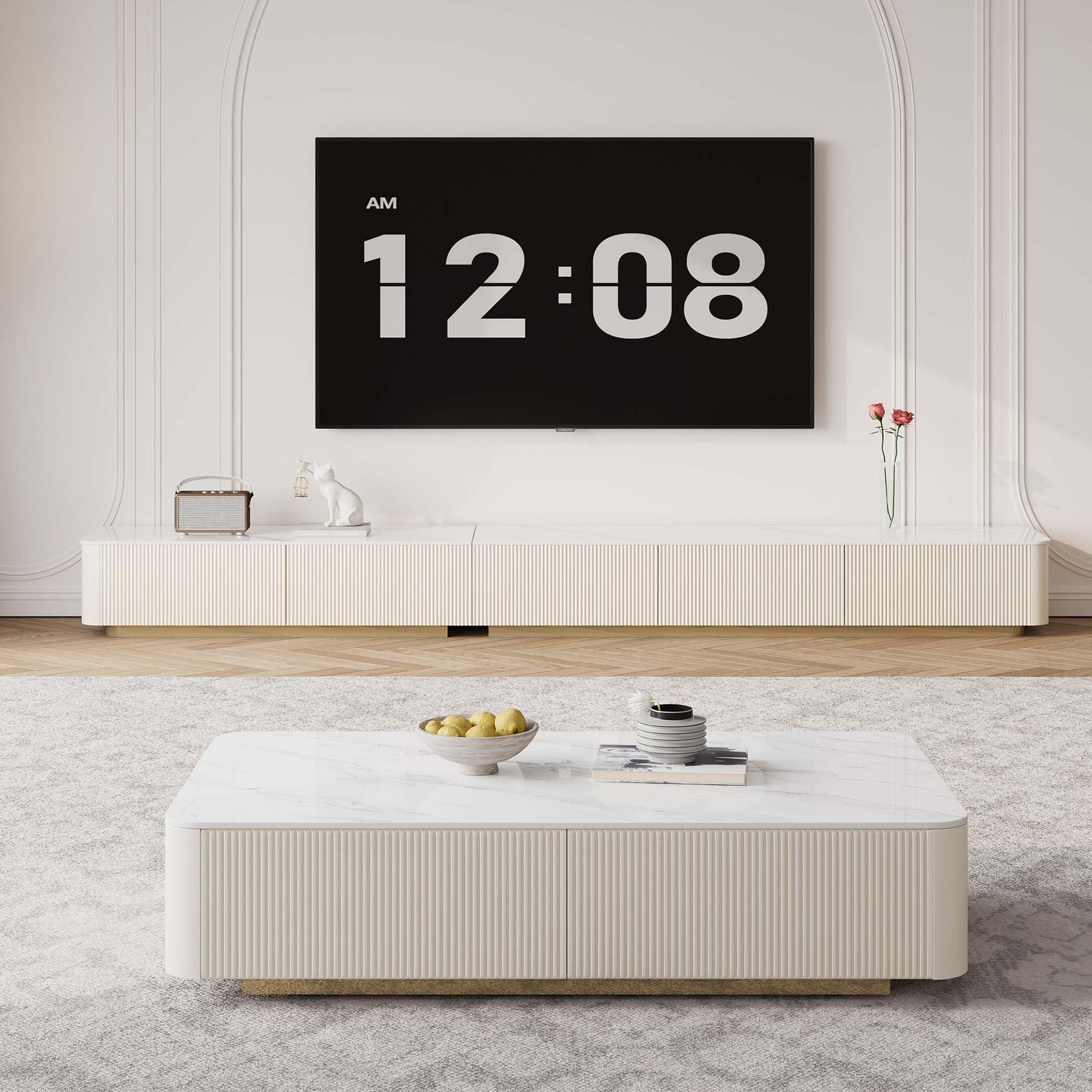 94.5" Fully Assembled TV Console, White TV Stand with Sintered Stone Top