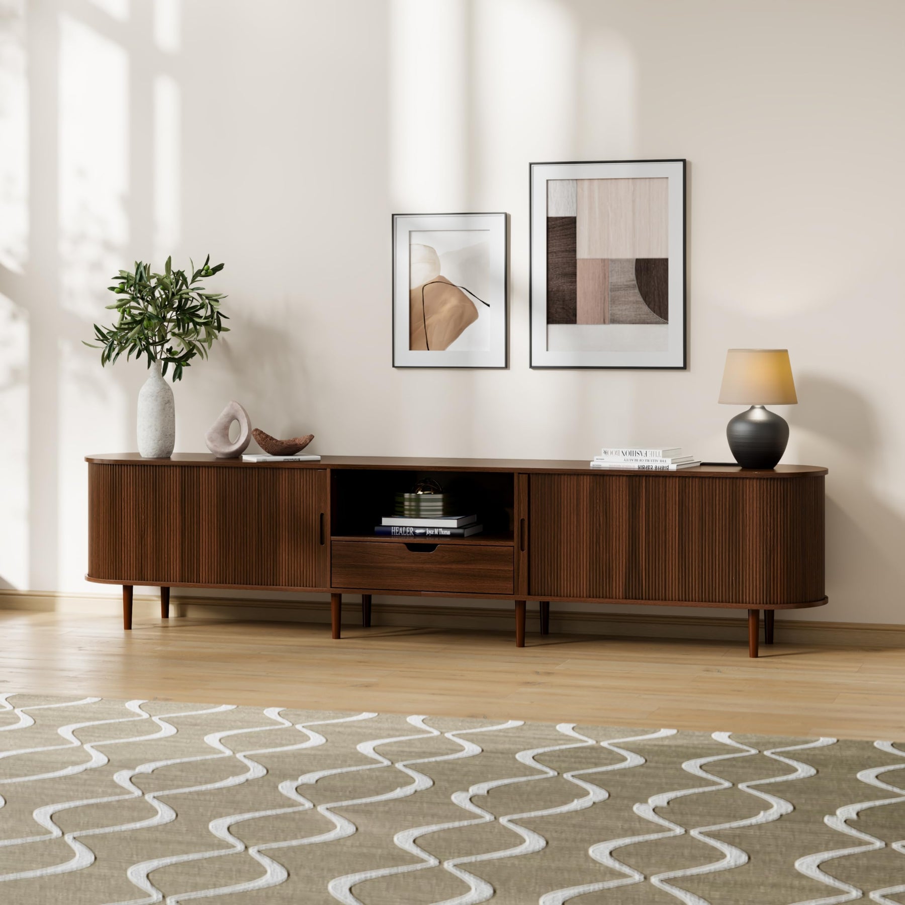 DHH 86.6" Fluted TV Stand with Power Outlet for TVs up to 90", TV Console with Adjustable Shelves and Sliding Door,Mid Century Modern Entertainment Center for Living Room,Bedroom (Walnut)