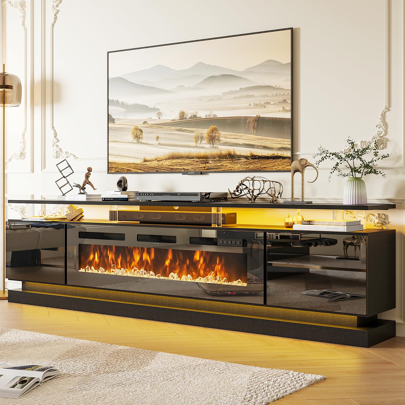 Nordivale 70" Fireplace TV Stand, Modern Entertainment Center for TVs Up to 80”, TV Console with Storage Cabinets, Media Console for Living Room, Black TV Stand and Black Fireplace