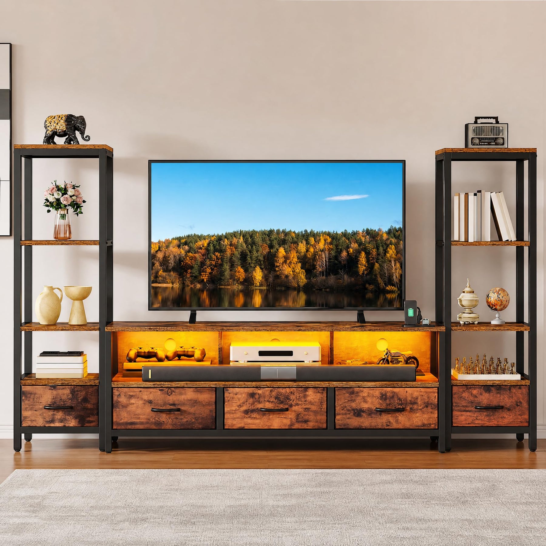 DWVO Industrial LED TV Stand for 65 Inch TVs, Entertainment Center with 2 4-Tier Bookshelves & Power Outlets, Media Console Table with 5 Drawers & Open Storage for Living Room, Grey