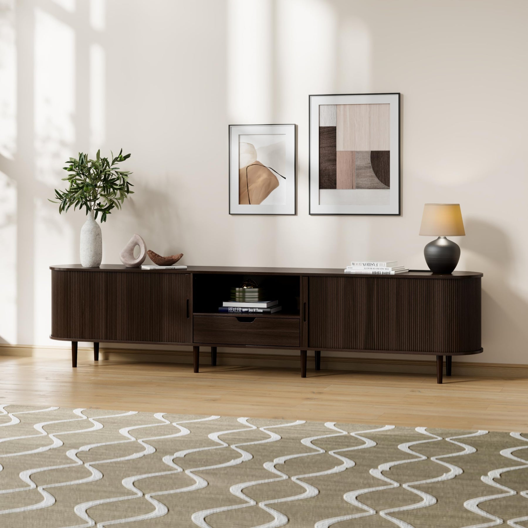 DHH 86.6" Fluted TV Stand with Power Outlet for TVs up to 90", TV Console with Adjustable Shelves and Sliding Door,Mid Century Modern Entertainment Center for Living Room,Bedroom (Walnut)