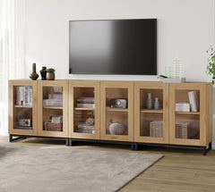WAMPAT Modern TV Stand with Glass Doors for 80-120 inch TVs, 4 in 1 Entertainment Center Console with 4 Drawers and Metal Base for Living Room, Bedroom, Brown