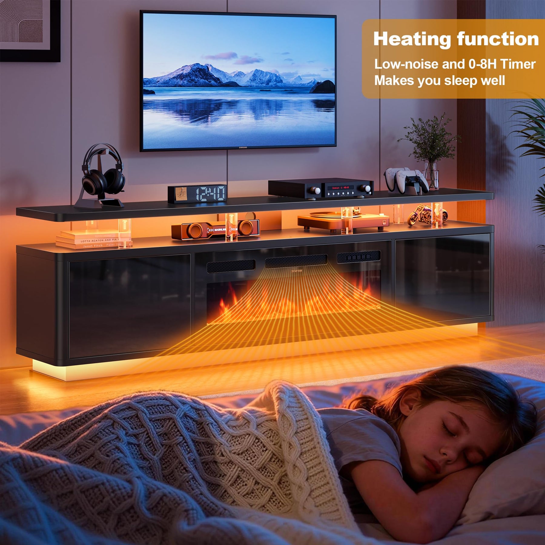 OneBlis 70" Fireplace TV Stand with Double LED Lights for TVs UP to 80", Electric Fireplace Entertainment Center with Storage Cabinets, TV Console for Living Room, Office, Black1