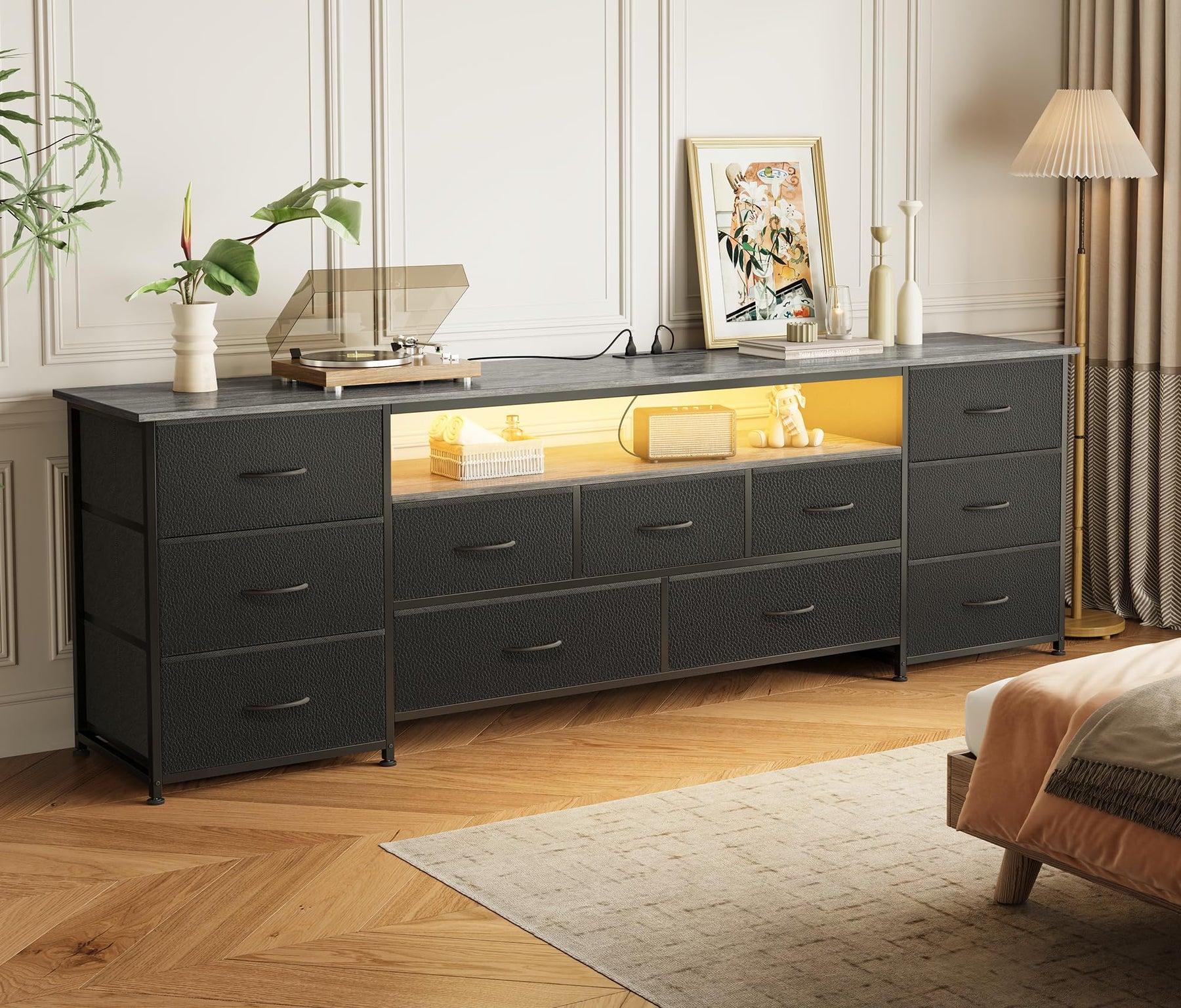 Huuger 63 Inch TV Stand for 65, 70 Inch TV, 11 Drawer Long Dresser with Power Outlets and LED Lights, Entertainment Center with Storage, Black Dresser with PU Leather Surface
