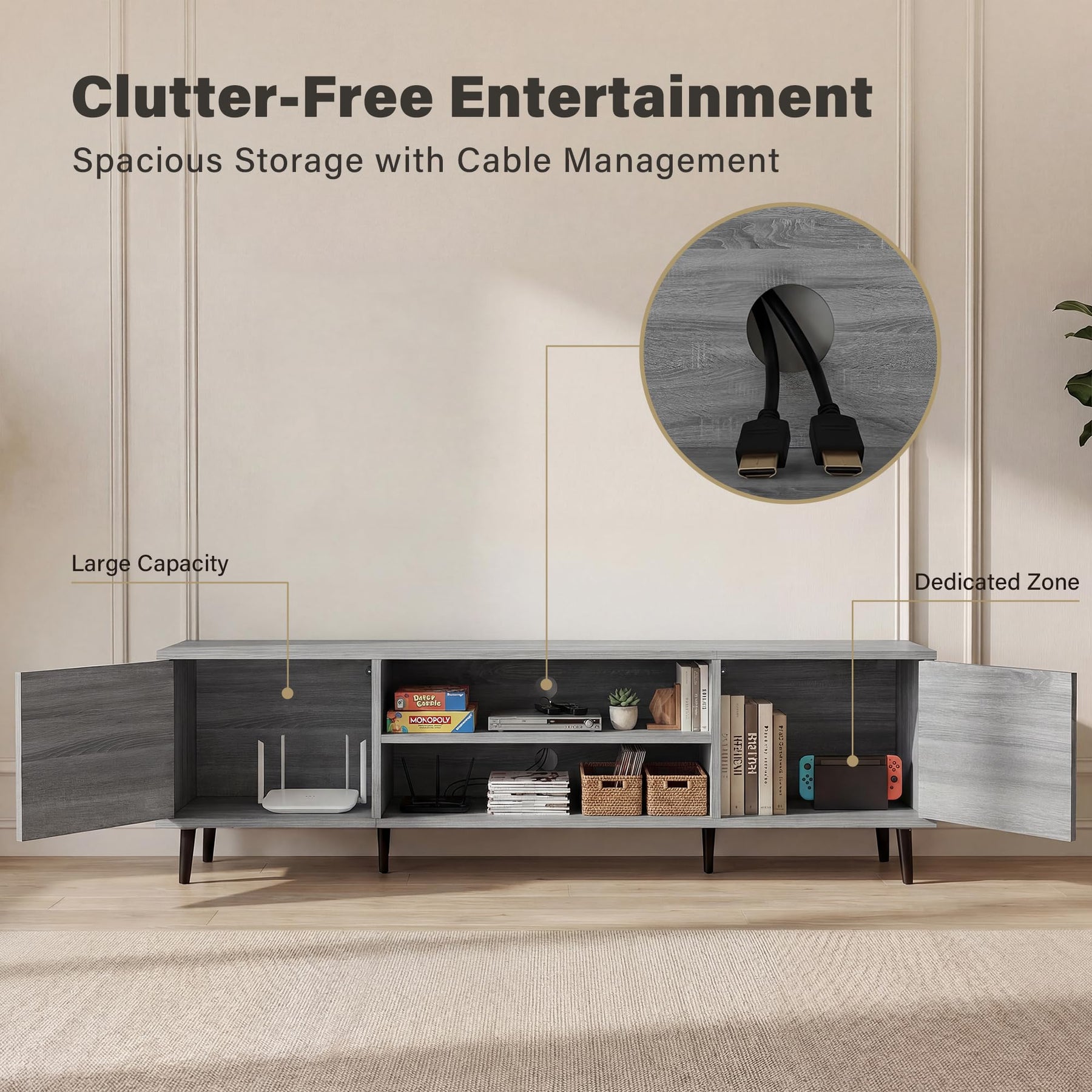 YESHOMY Mid-Century Modern TV Stand, 58 Inch, Light Grey
