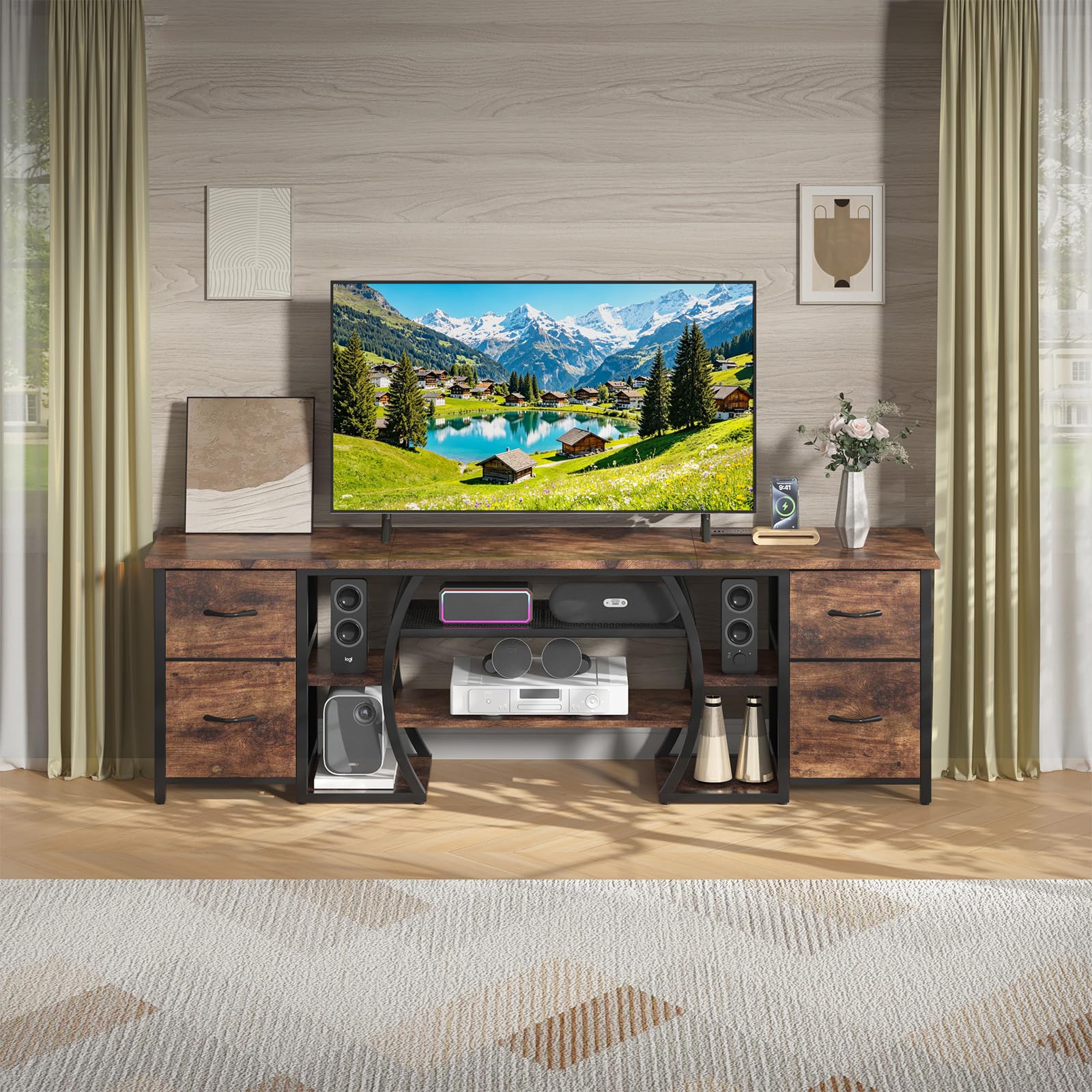 ZHNSYDN LED TV Stand for 65, 70, 80 Inch TV,71 Inch Industrial Entertainment Center with Power Outlets,Media Console Table with Open Storage Shelves & Fabric Drawers for Living Room Bedroom,Greige