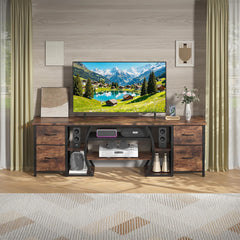 ZHNSYDN LED TV Stand for 65, 70, 80 Inch TV,71 Inch Industrial Entertainment Center with Power Outlets,Media Console Table with Open Storage Shelves & Fabric Drawers for Living Room Bedroom,Greige