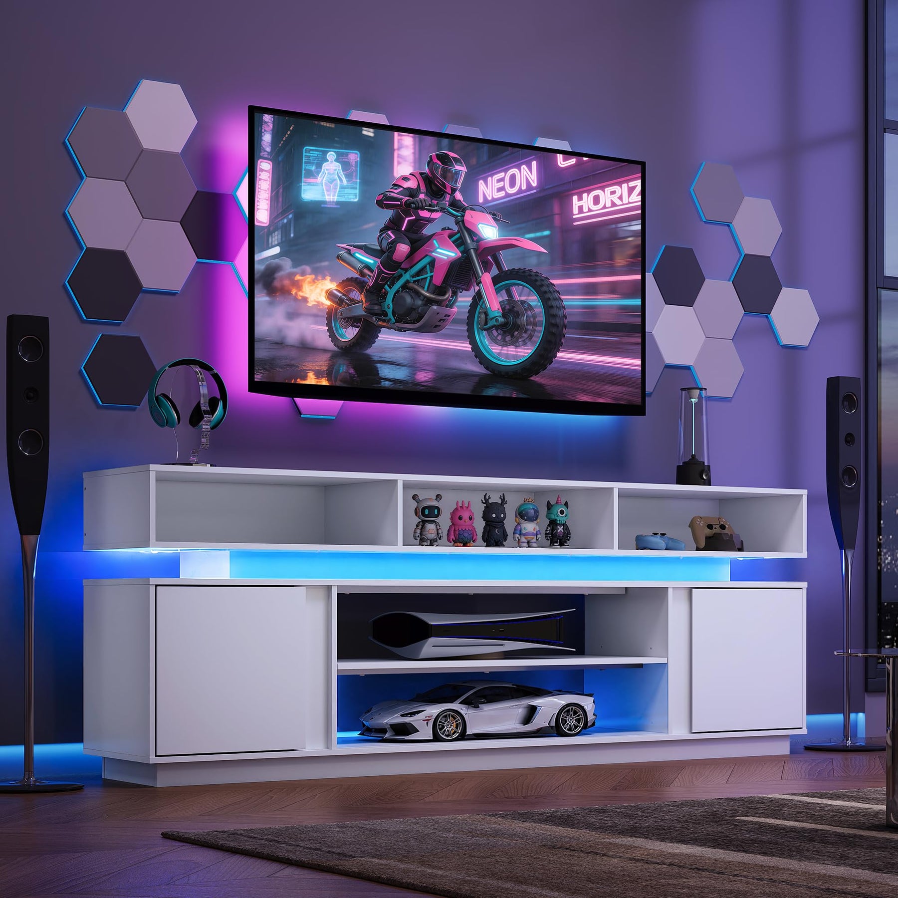 WLIVE Modern TV Stand for 75 Inch TV, 2 Tier Entertainment Center with RGB LED Lights & Storage Cabinets, Media TV Console Gaming Television Stands for Living Room, Bedroom, Black