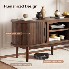 Decofy Mid Century TV Stand for TVs up to 80 Inches, Entertainment Center with Storage, Power Outlet, Fluted Sliding Doors & Adjustable Shelves, Modern Media TV Console Table for Living Room (Walnut)