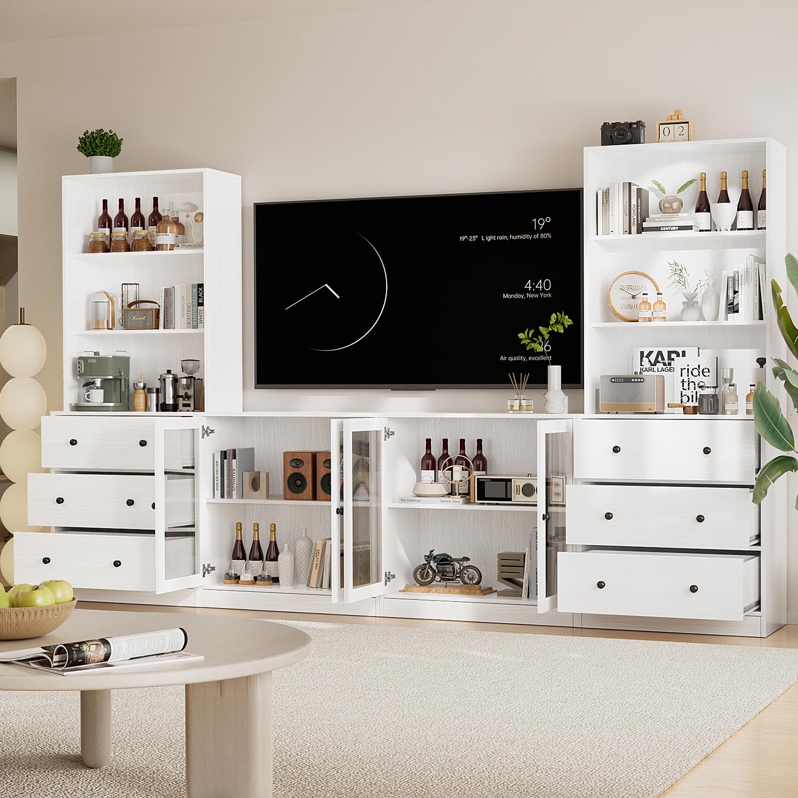 TUSY 71" Large TV Stand Set - TV Entertainment Center for TVs up to 65", Media Center with Tempered Glass Doors and Drawer, TV Hutch with Bookshelves for Living Room (White, BDDB)