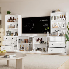 TUSY 71" Large TV Stand Set - TV Entertainment Center for TVs up to 65", Media Center with Tempered Glass Doors and Drawer, TV Hutch with Bookshelves for Living Room (White, BDDB)