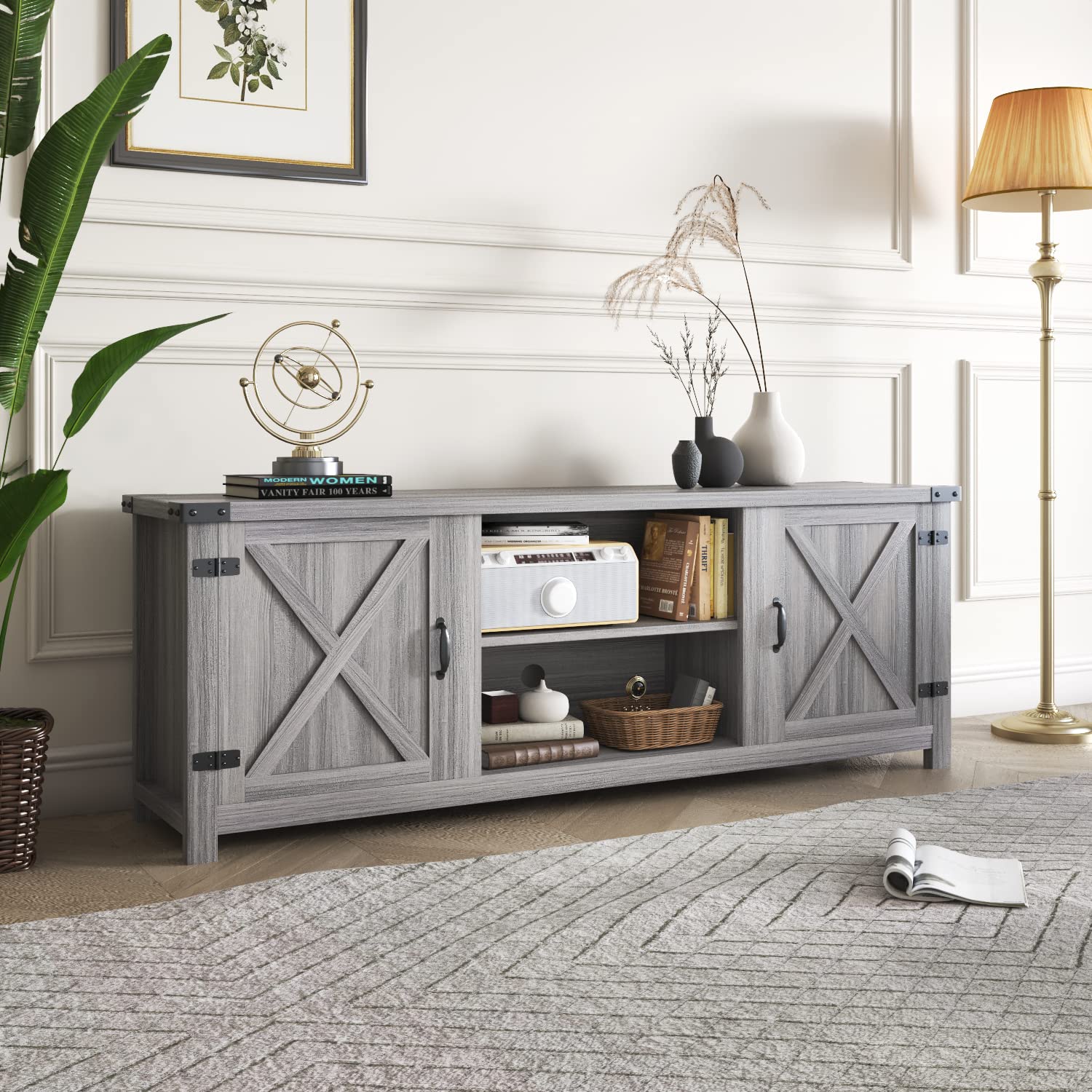 YESHOMY Modern Farmhouse TV Stand with Barn Door for 65 Inch TV, Gray Wash