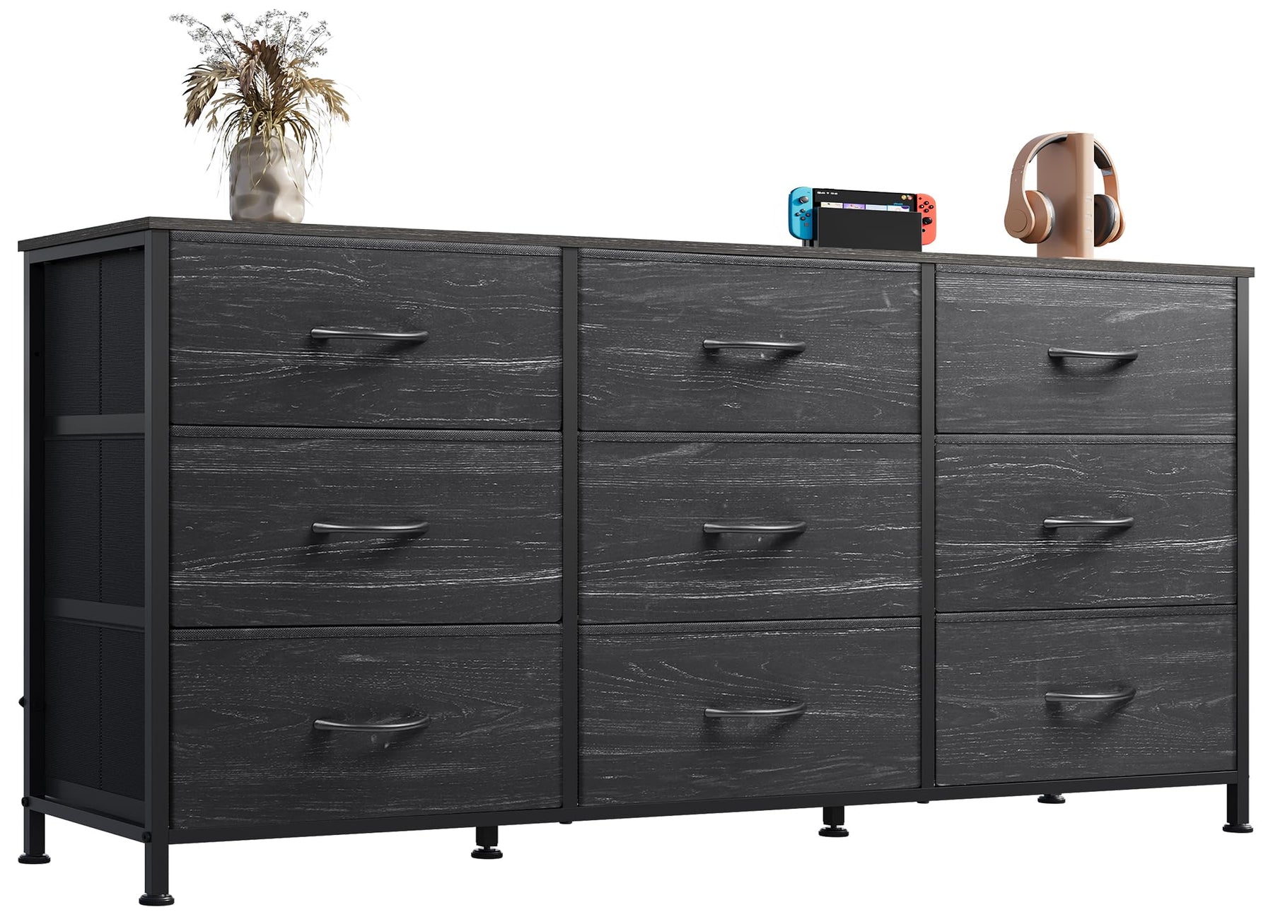 WLIVE Dresser TV Stand for 75 Inch TV, 9 Drawer Dresser for Bedroom, Black