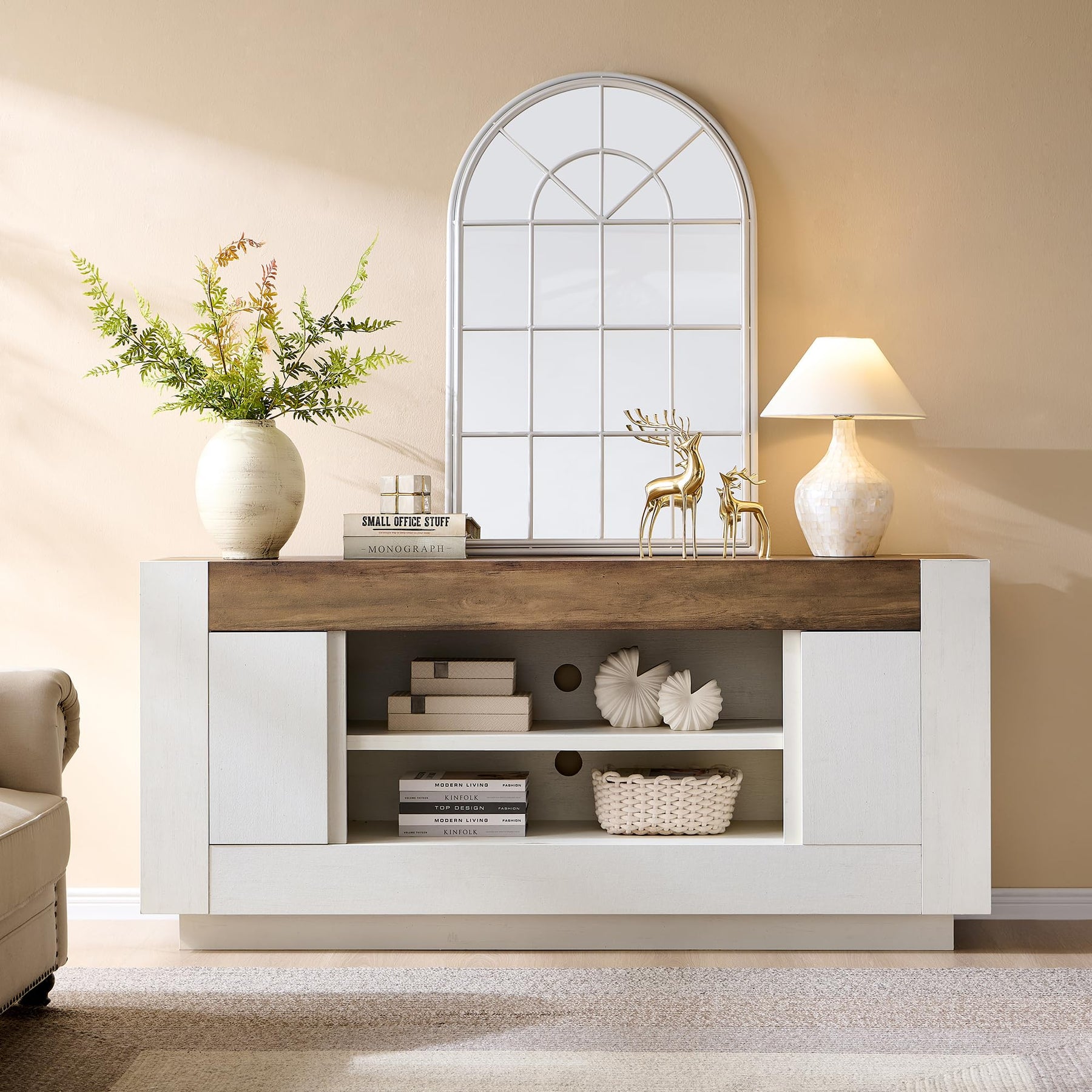OKD 70" TV Stand for 80" TV, Thick Block Media Console, Antique White