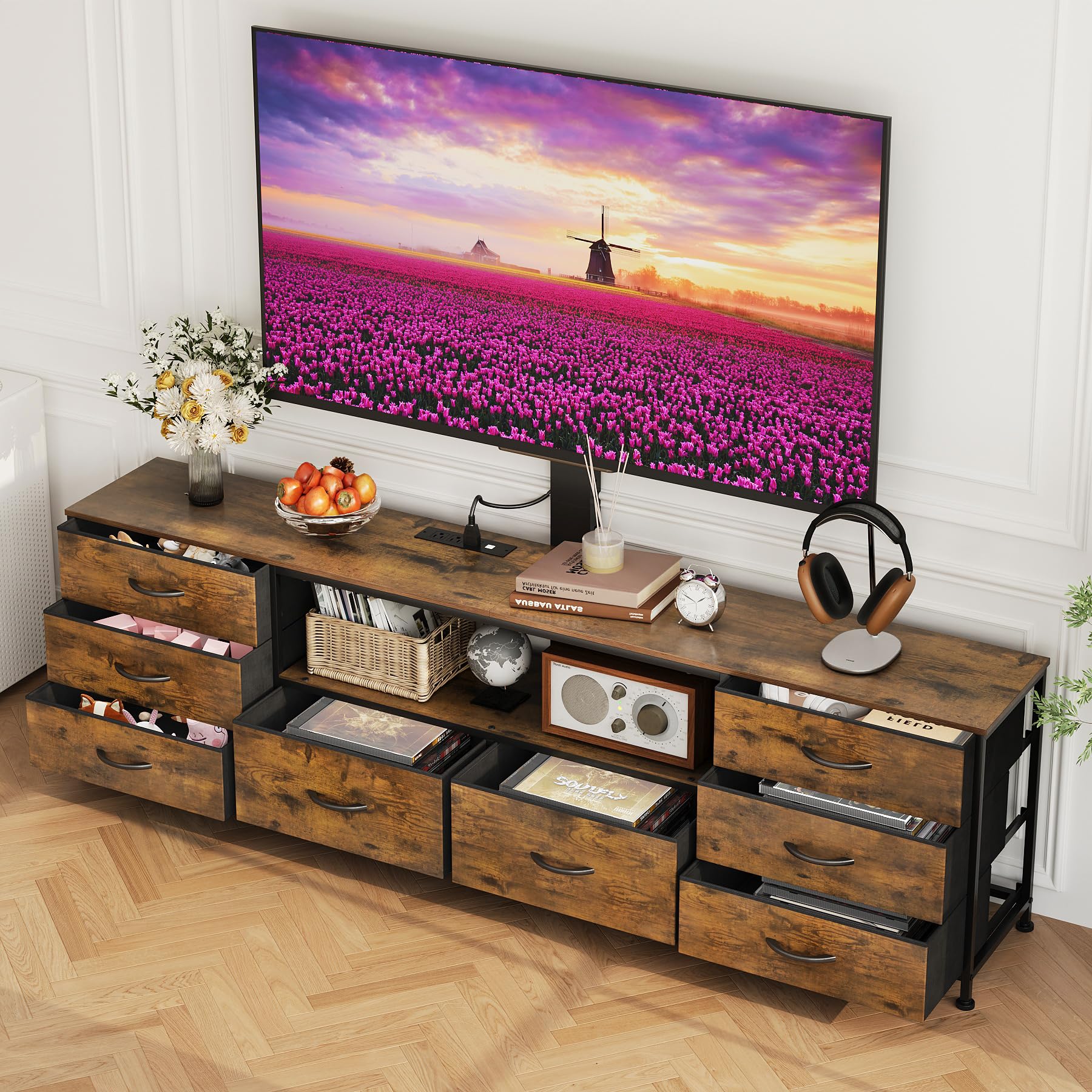 Welfuturer 70.8" W TV Stand with Mount and Power Outlet for 65/70/75/80 Inch TV, Farmhouse Entertainment Center with 8 Fabric Drawers, LED Lights and Open Storage Shelves for Living Room