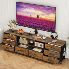 Welfuturer 70.8" W TV Stand with Mount and Power Outlet for 65/70/75/80 Inch TV, Farmhouse Entertainment Center with 8 Fabric Drawers, LED Lights and Open Storage Shelves for Living Room