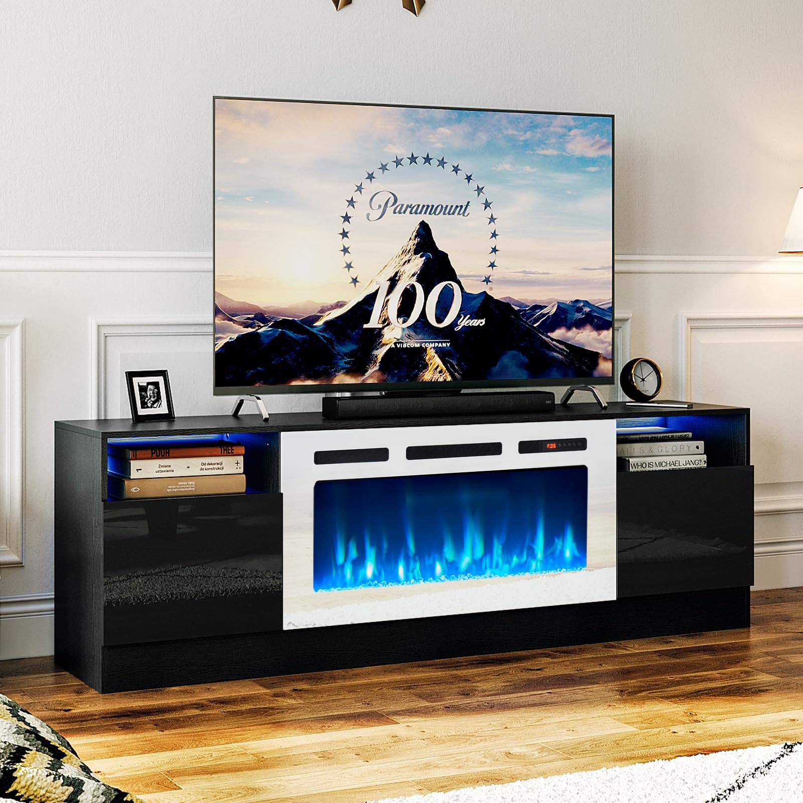 oneinmil Fireplace TV Stand with 36" Electric Fireplace, LED Light Entertainment Center, Modern Wood Texture Entertainment Stand with Highlight Storage Cabinet for TVs Up to 80", 70 inches, Black