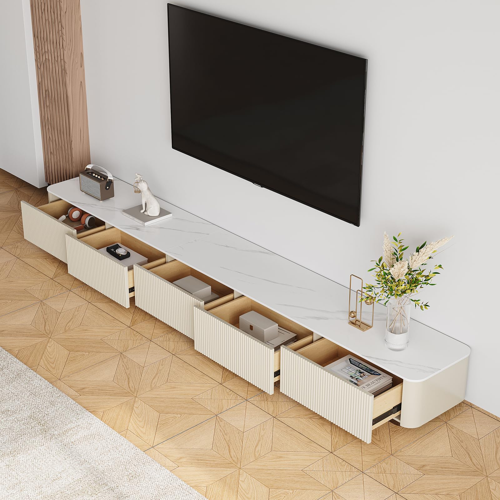 94.5" Fully Assembled TV Console, White TV Stand with Sintered Stone Top