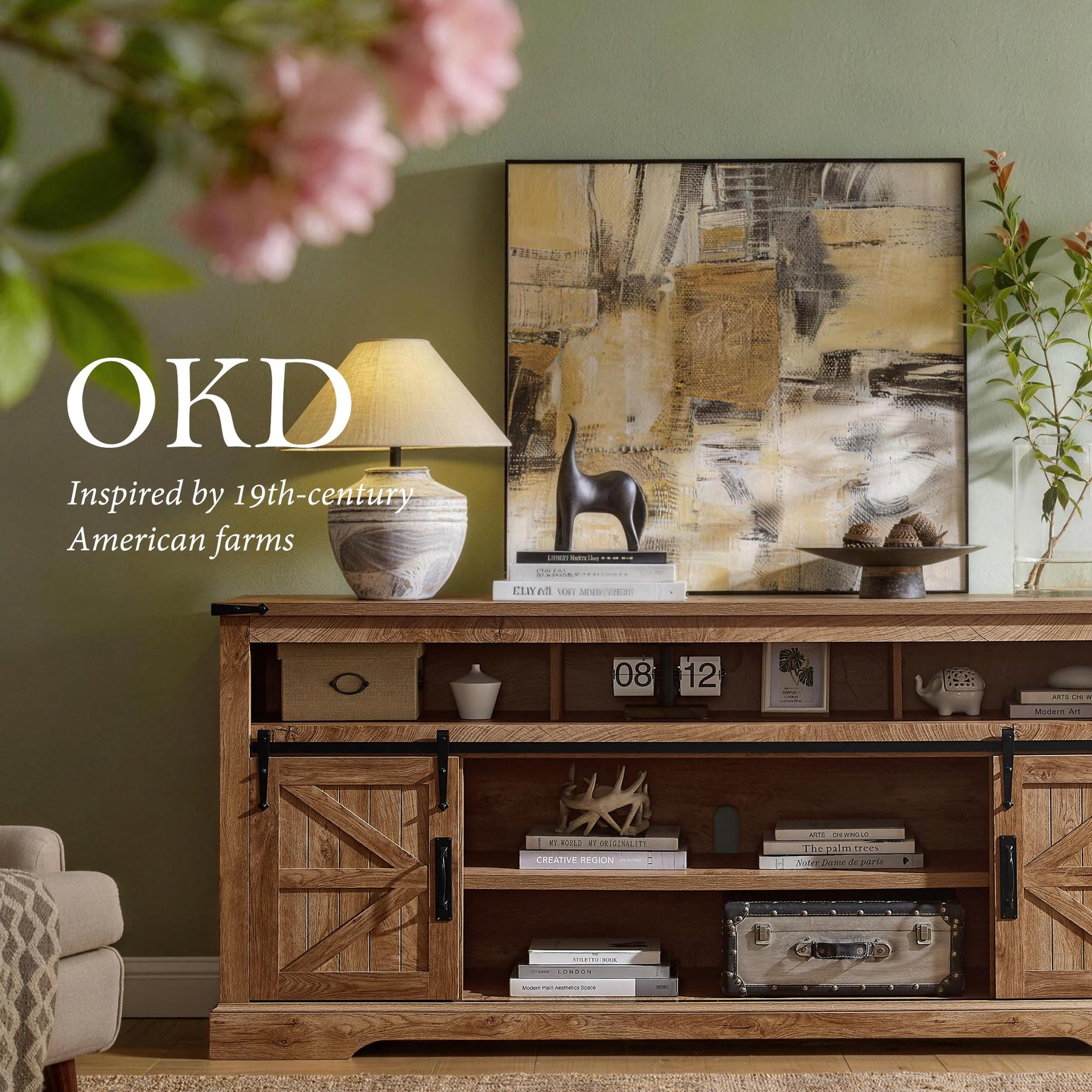 OKD 70" Farmhouse TV Stand for TVs up to 80", Antique White
