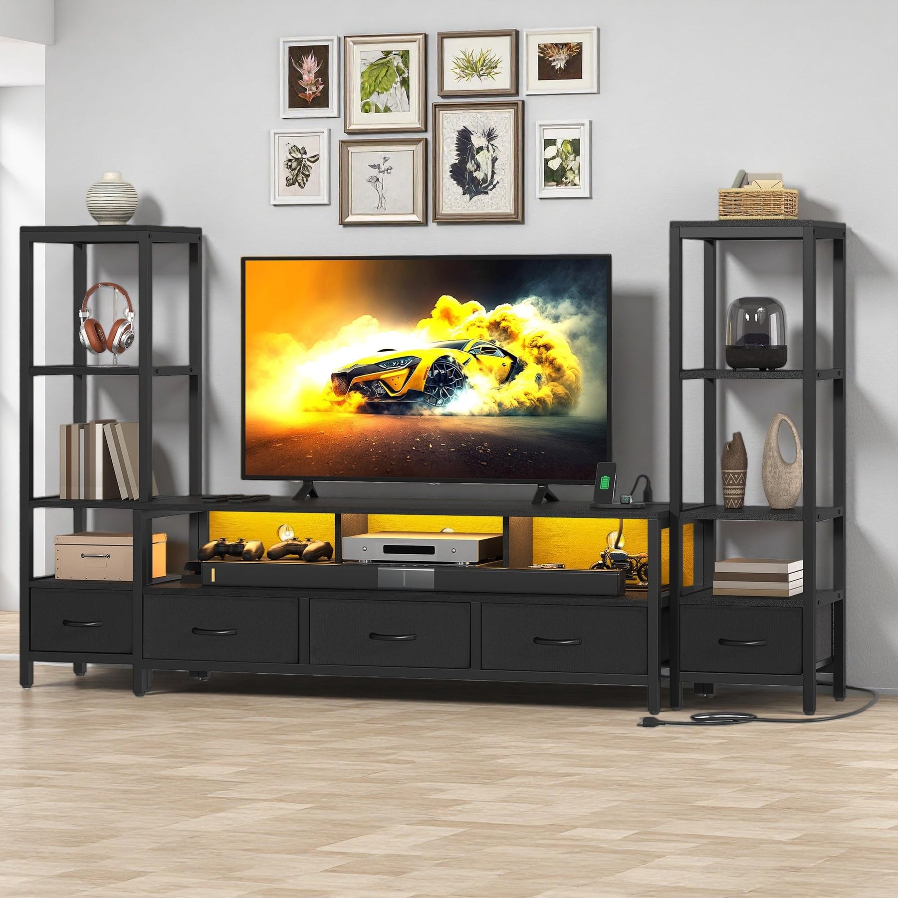 DWVO Industrial LED TV Stand for 65 Inch TVs, Entertainment Center with 2 4-Tier Bookshelves & Power Outlets, Media Console Table with 5 Drawers & Open Storage for Living Room, Grey
