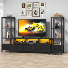 DWVO Industrial LED TV Stand for 65 Inch TVs, Entertainment Center with 2 4-Tier Bookshelves & Power Outlets, Media Console Table with 5 Drawers & Open Storage for Living Room, Grey