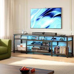Furologee TV Stand with Power Outlets and LED Lights, 63 Inch Entertainment Center for 60 65 70 Inch TVs, Media Console Table with Open Shelves, for Bedroom, Living Room, Black