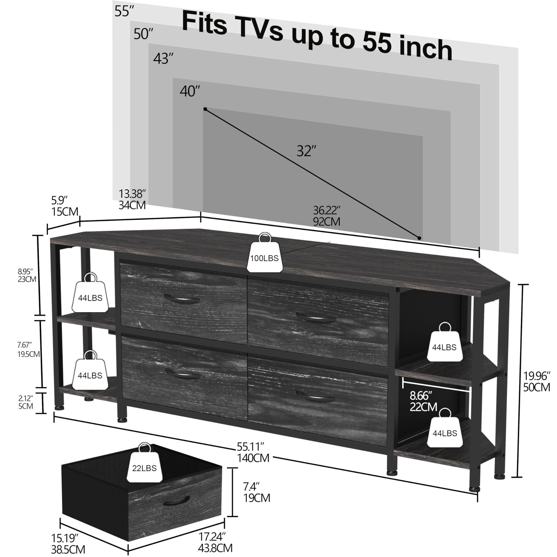 EXOTICA Corner TV Stand for 55" TV with Drawer & Power Outlet, Brown