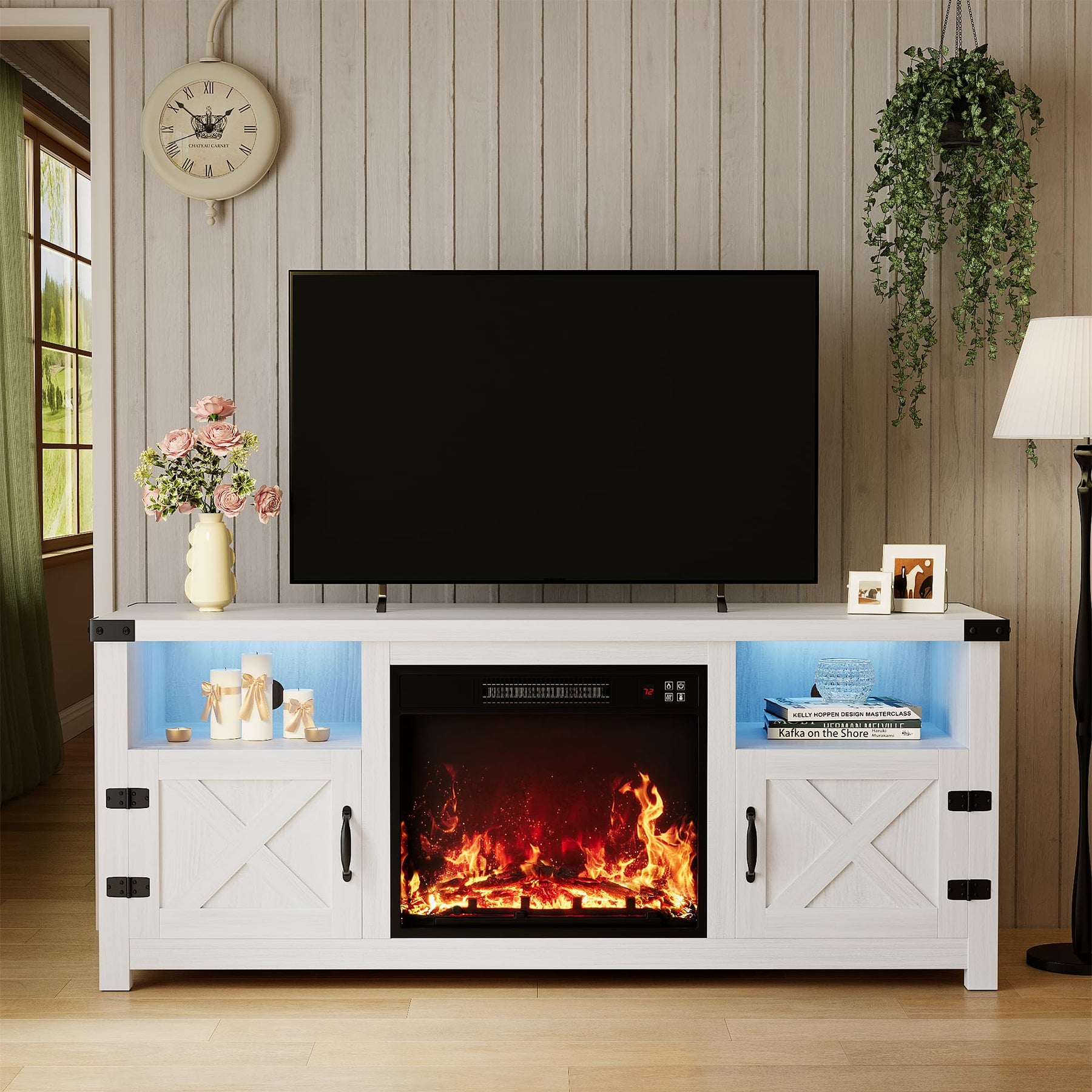 YESHOMY Modern Farmhouse TV Stand with Barn Door for 65 Inch TV, Gray Wash