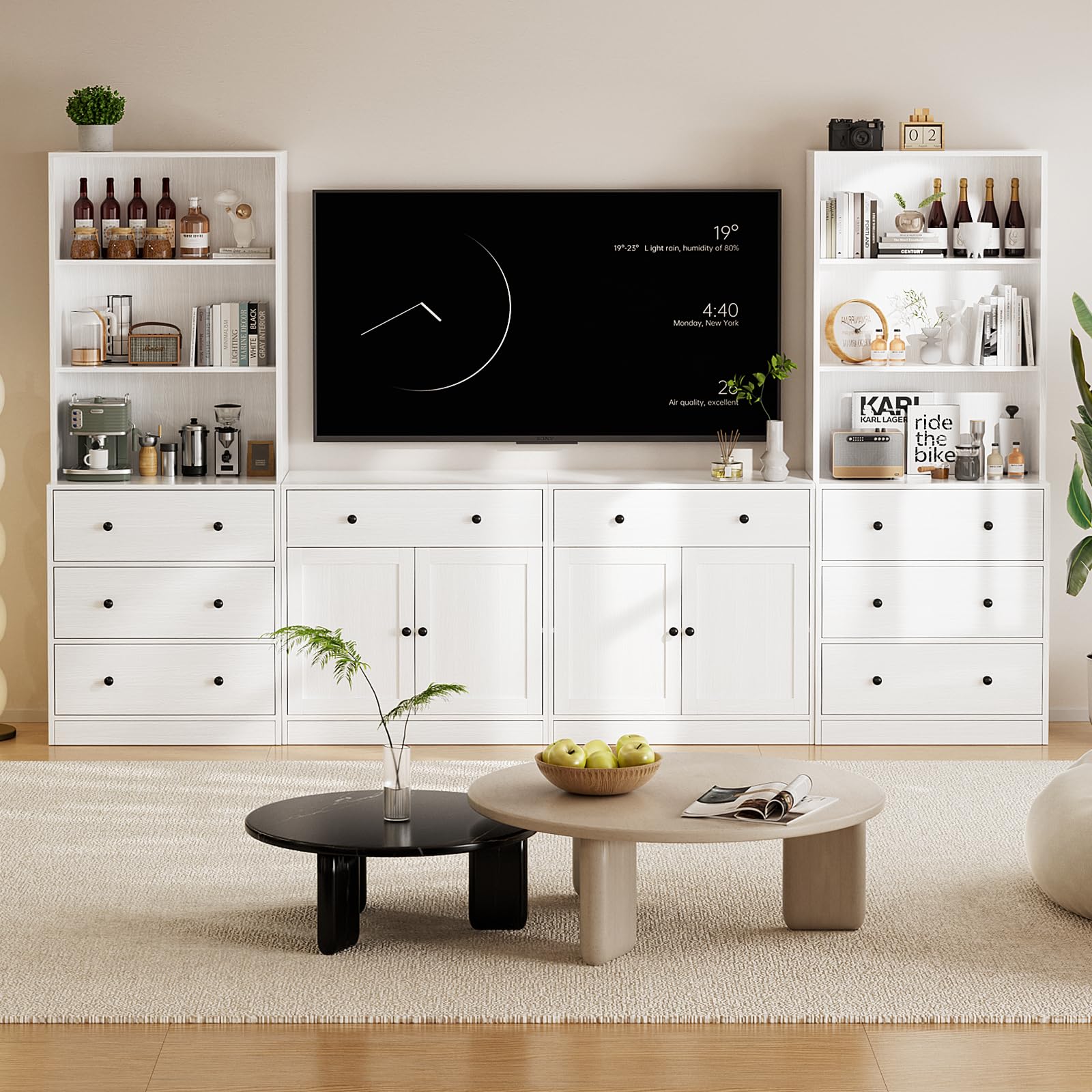 TUSY 71" Large TV Stand Set - TV Entertainment Center for TVs up to 65", Media Center with Tempered Glass Doors and Drawer, TV Hutch with Bookshelves for Living Room (White, BDDB)