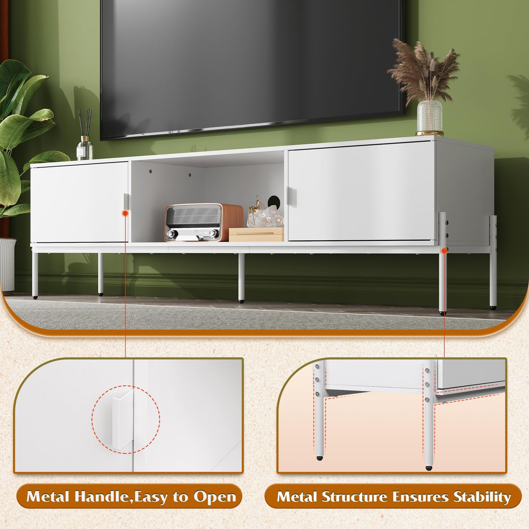 WLIVE 58" TV Stand for 65 Inch TVs, Mid Century Modern Entertainment Center with 2 Storage Cabinets & Open Shelf, Media Console Table with Metal Legs for Living Room, Bedroom, Rustic Brown