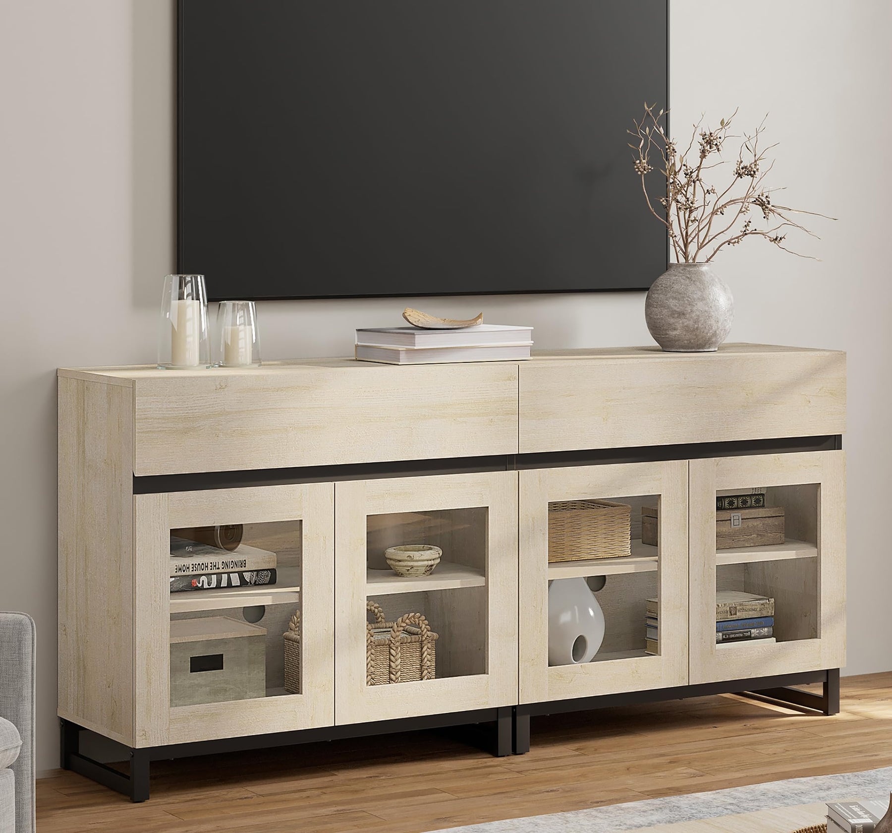 WAMPAT Modern TV Stand with Glass Doors for 80-120 inch TVs, 4 in 1 Entertainment Center Console with 4 Drawers and Metal Base for Living Room, Bedroom, Brown