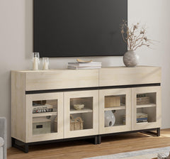 WAMPAT Modern TV Stand with Glass Doors for 80-120 inch TVs, 4 in 1 Entertainment Center Console with 4 Drawers and Metal Base for Living Room, Bedroom, Brown