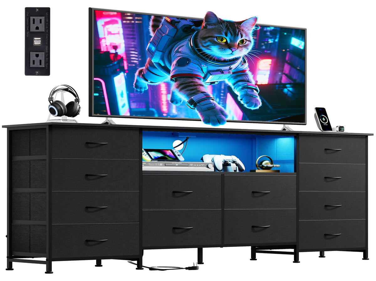 WLIVE LED Dresser TV Stand for 75 Inch TV, 12 Drawers, Black