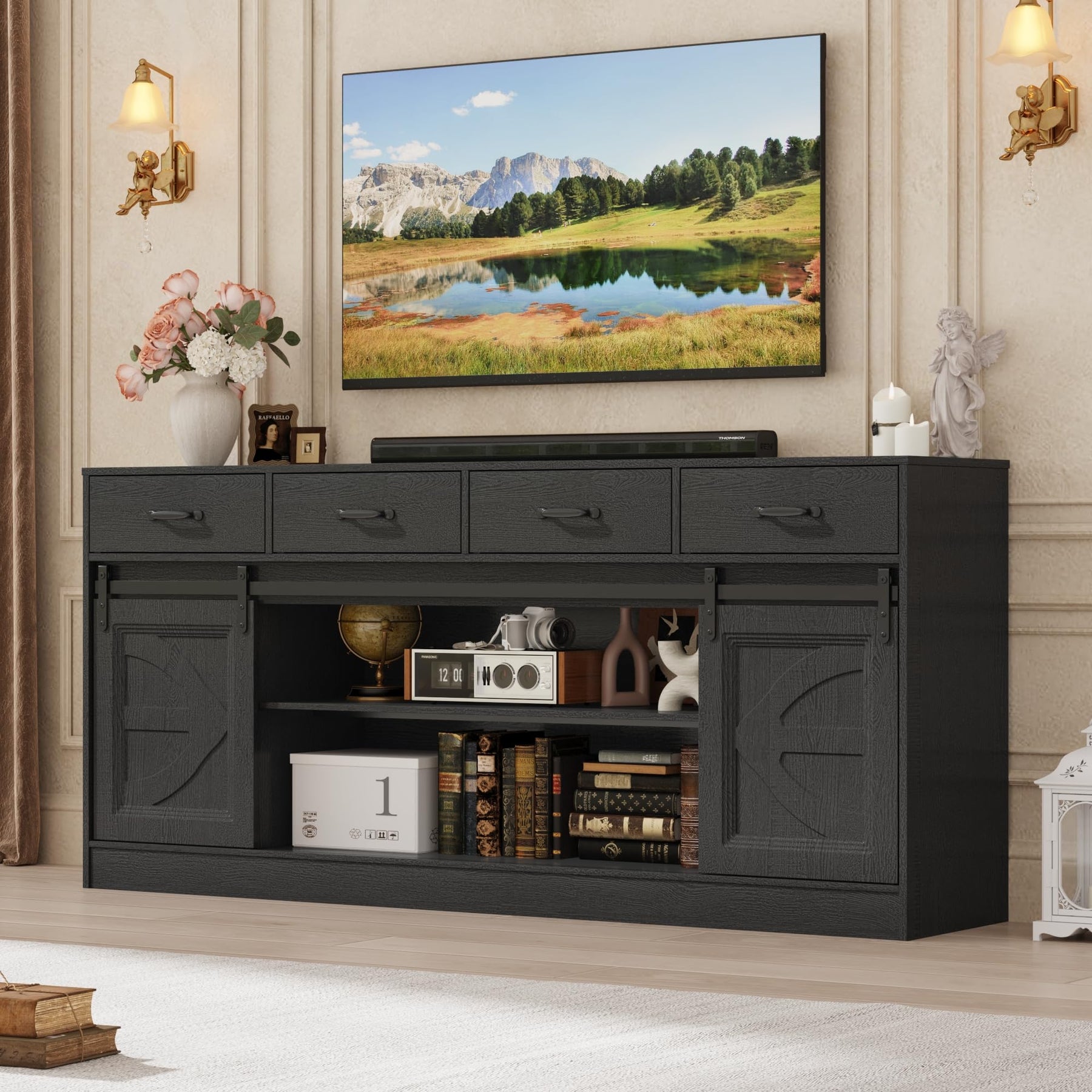70" Large Farmhouse Tall TV Stand for 85/80/75/70 Inch TVs,4 Drawers,Brown