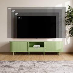 DHH 86.6" Fluted TV Stand with Power Outlet for TVs up to 90", TV Console with Adjustable Shelves and Sliding Door,Mid Century Modern Entertainment Center for Living Room,Bedroom (Walnut)