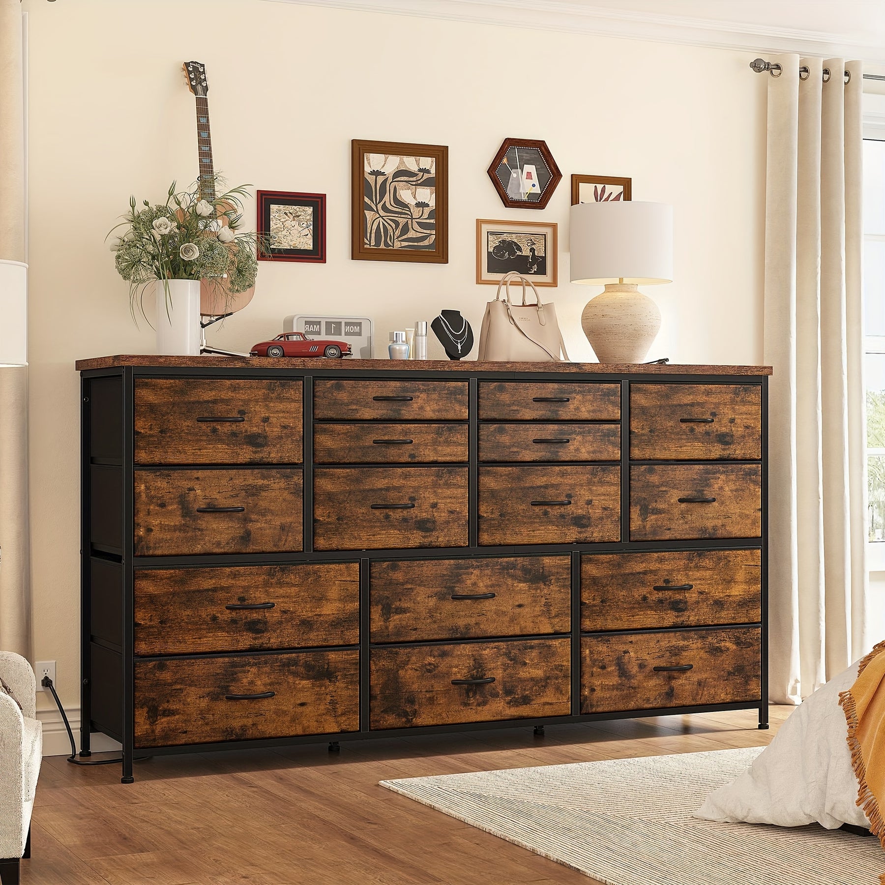 TV Stand Dresser for 60" TV Stand with Charging Station TV Stands for Living Room Long Dresser for Bedroom TV Stand with 16 Drawers Storage TV Stand for Bedroom Dresser 51.1''W X 11.8''D X 34.8''H